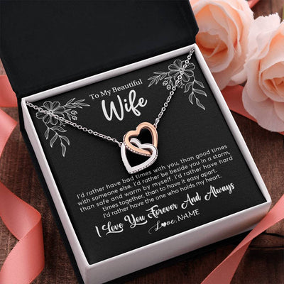 Interlocking Hearts Necklace Stainless Steel & Rose Gold Finish | 2 | Personalized To My Beautiful Wife Necklace Gifts From Husband I'd Rather Hot Wife Birthday Anniversary Wedding Valentines Day Customized Gift Box Message Card | teecentury