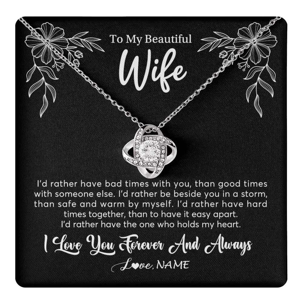 Love Knot Necklace 14K White Gold Finish | 1 | Personalized To My Beautiful Wife Necklace Gifts From Husband I'd Rather Hot Wife Birthday Anniversary Wedding Valentines Day Customized Gift Box Message Card | teecentury