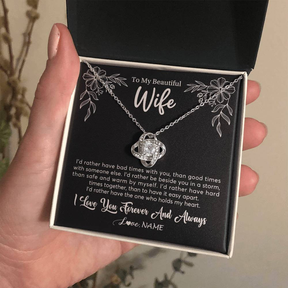 Love Knot Necklace 14K White Gold Finish | 2 | Personalized To My Beautiful Wife Necklace Gifts From Husband I'd Rather Hot Wife Birthday Anniversary Wedding Valentines Day Customized Gift Box Message Card | teecentury