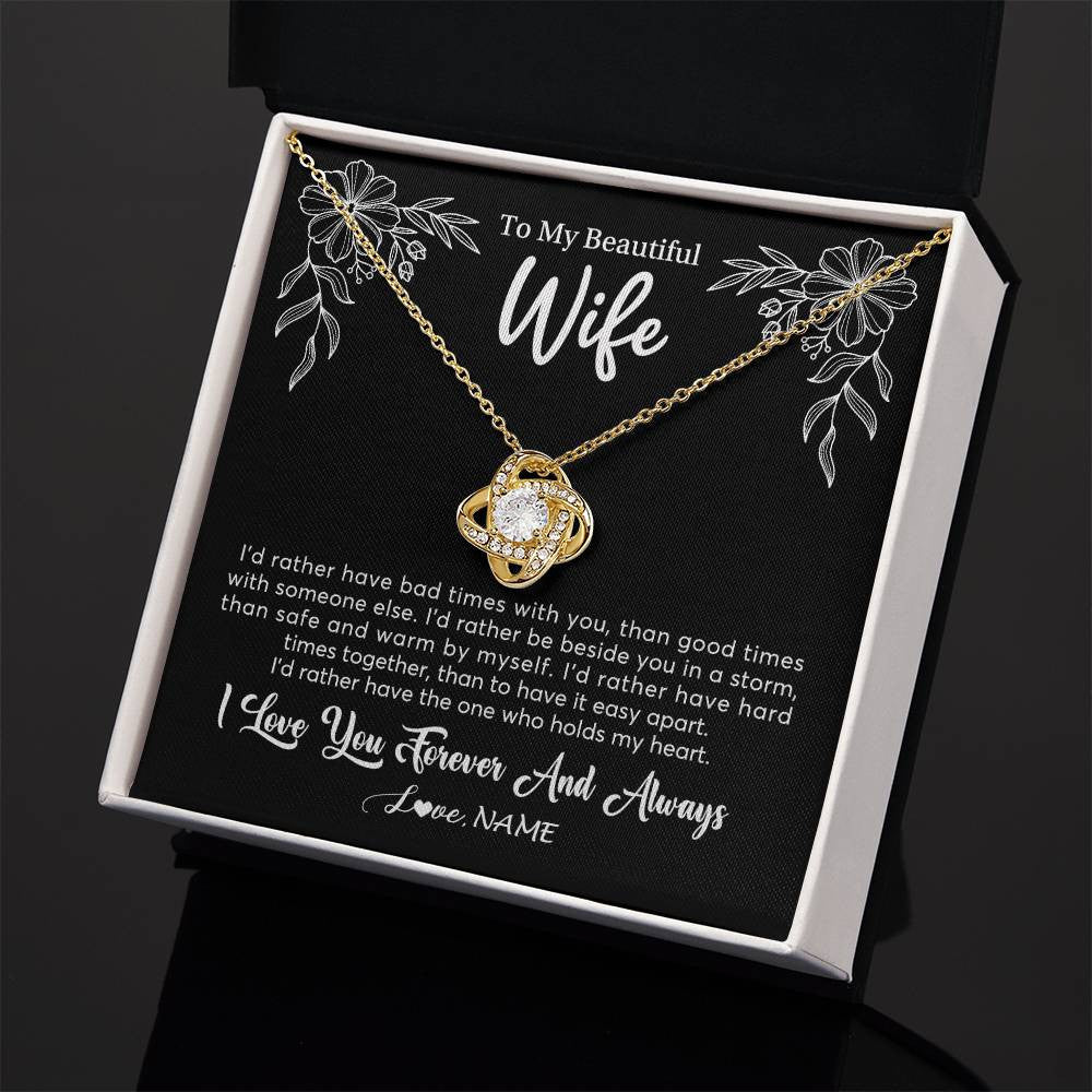 Love Knot Necklace 18K Yellow Gold Finish | 2 | Personalized To My Beautiful Wife Necklace Gifts From Husband I'd Rather Hot Wife Birthday Anniversary Wedding Valentines Day Customized Gift Box Message Card | teecentury