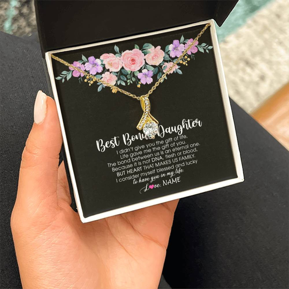 Alluring Beauty Necklace 18K Yellow Gold Finish | Personalized To My Best Bonus Daughter Necklace From Bonus Mom Life Gave Me The Gift Of You Step Daughter Jewelry Birthday Christmas Customized Message Card | teecentury