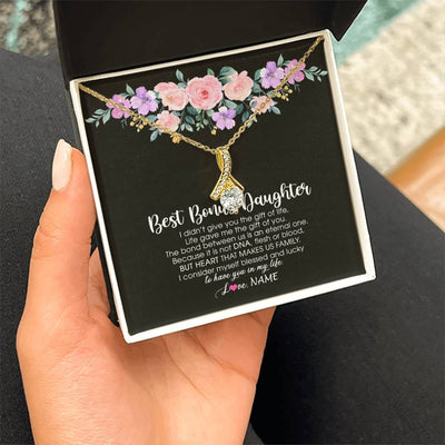 Alluring Beauty Necklace 18K Yellow Gold Finish | Personalized To My Best Bonus Daughter Necklace From Bonus Mom Life Gave Me The Gift Of You Step Daughter Jewelry Birthday Christmas Customized Message Card | teecentury