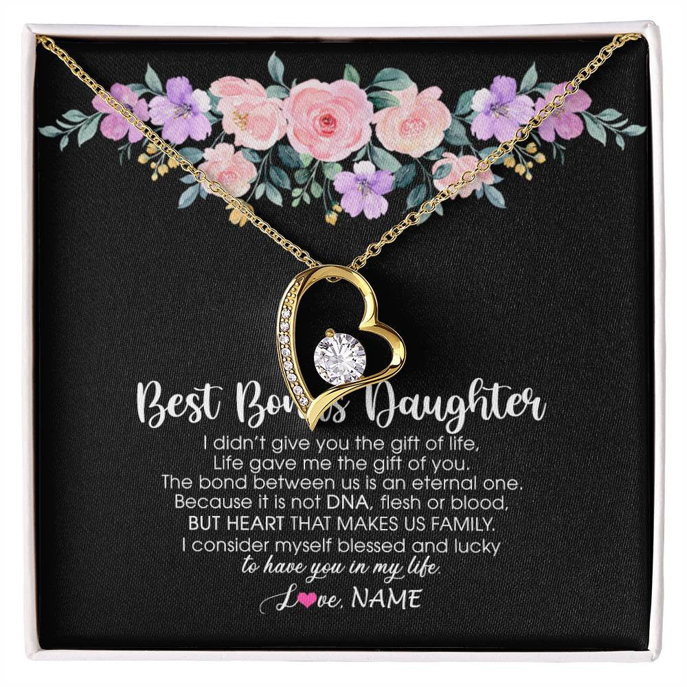 Forever Love Necklace 18K Yellow Gold Finish | Personalized To My Best Bonus Daughter Necklace From Bonus Mom Life Gave Me The Gift Of You Step Daughter Jewelry Birthday Christmas Customized Message Card | teecentury