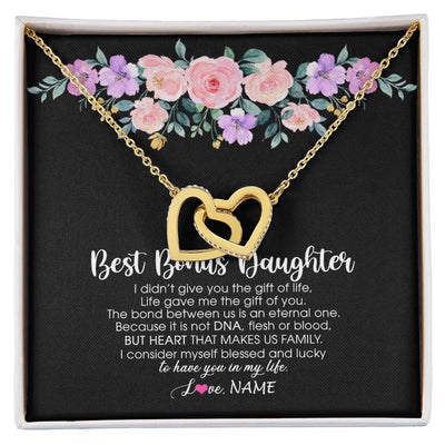 Interlocking Hearts Necklace 18K Yellow Gold Finish | Personalized To My Best Bonus Daughter Necklace From Bonus Mom Life Gave Me The Gift Of You Step Daughter Jewelry Birthday Christmas Customized Message Card | teecentury