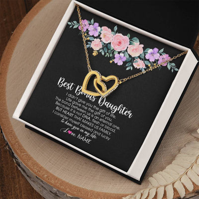 Interlocking Hearts Necklace 18K Yellow Gold Finish | Personalized To My Best Bonus Daughter Necklace From Bonus Mom Life Gave Me The Gift Of You Step Daughter Jewelry Birthday Christmas Customized Message Card | teecentury
