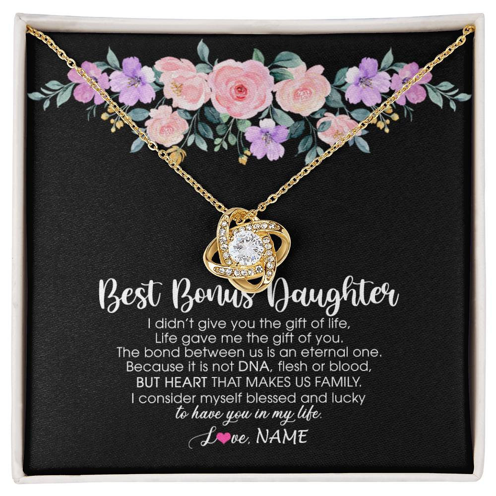Love Knot Necklace 18K Yellow Gold Finish | Personalized To My Best Bonus Daughter Necklace From Bonus Mom Life Gave Me The Gift Of You Step Daughter Jewelry Birthday Christmas Customized Message Card | teecentury