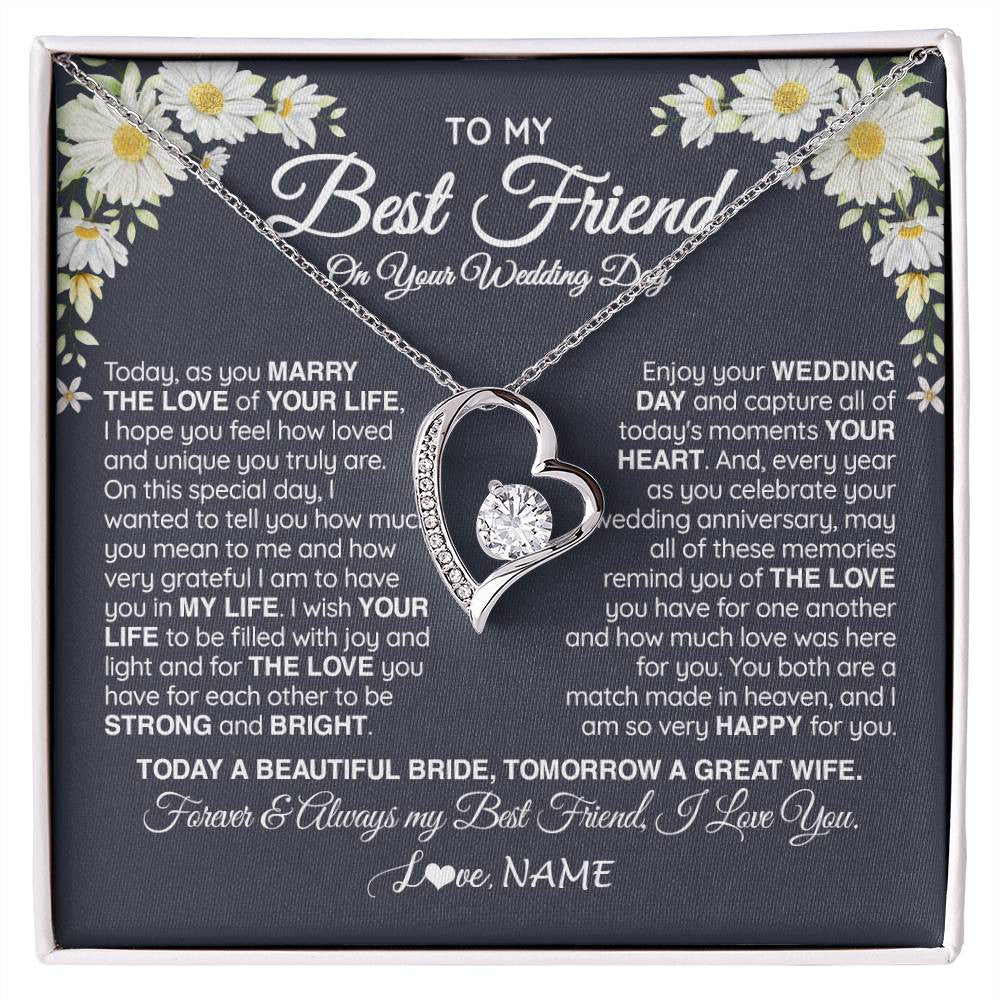 Forever Love Necklace 14K White Gold Finish | 1 | Personalized To My Best Friend On Her Wedding Day Necklace Bride Gifts From Maid Of Honor Always My Best Friend Gifts Jewelry Customized Gift Box Message Card | teecentury