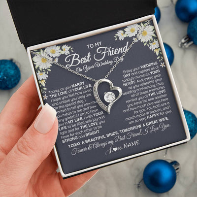 Forever Love Necklace 14K White Gold Finish | 2 | Personalized To My Best Friend On Her Wedding Day Necklace Bride Gifts From Maid Of Honor Always My Best Friend Gifts Jewelry Customized Gift Box Message Card | teecentury