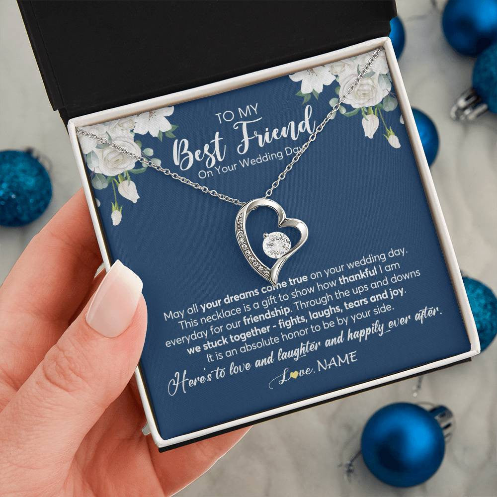 Forever Love Necklace 14K White Gold Finish | 2 | Personalized To My Best Friend On Her Wedding Day Necklace Bride Gifts From Maid Of Honor Thankful Best Friend Gifts Jewelry Customized Gift Box Message Card | teecentury