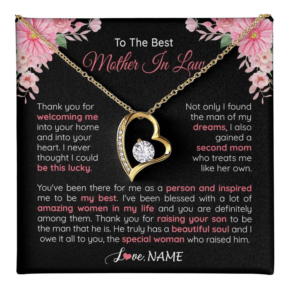 Forever Love Necklace 18K Yellow Gold Finish | 1 | Personalized To My Best Mother In Law Necklace From Daugter In Law Thank You Husband Mom Mother Birthday Wedding Day Christmas Customized Gift Box Message Card | teecentury