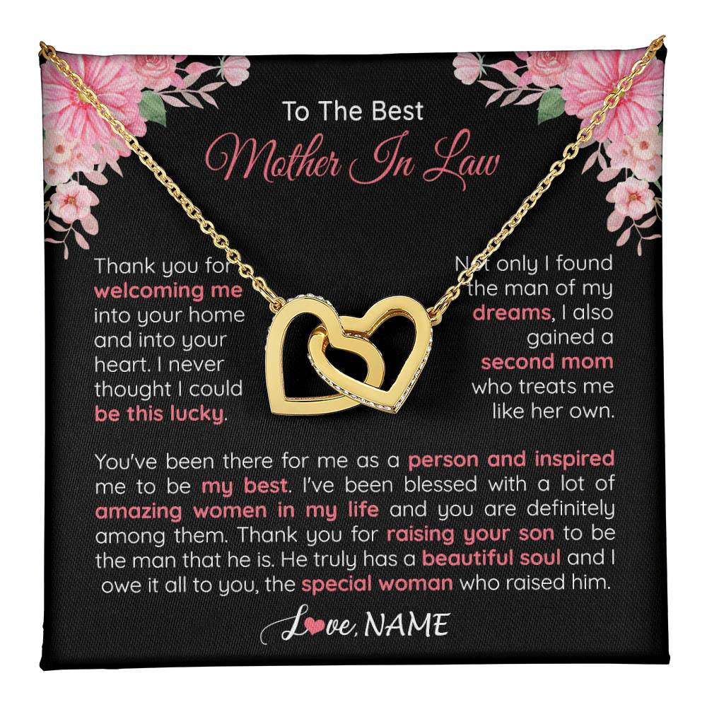 Interlocking Hearts Necklace 18K Yellow Gold Finish | 1 | Personalized To My Best Mother In Law Necklace From Daugter In Law Thank You Husband Mom Mother Birthday Wedding Day Christmas Customized Gift Box Message Card | teecentury