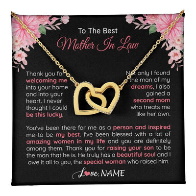 Interlocking Hearts Necklace 18K Yellow Gold Finish | 1 | Personalized To My Best Mother In Law Necklace From Daugter In Law Thank You Husband Mom Mother Birthday Wedding Day Christmas Customized Gift Box Message Card | teecentury