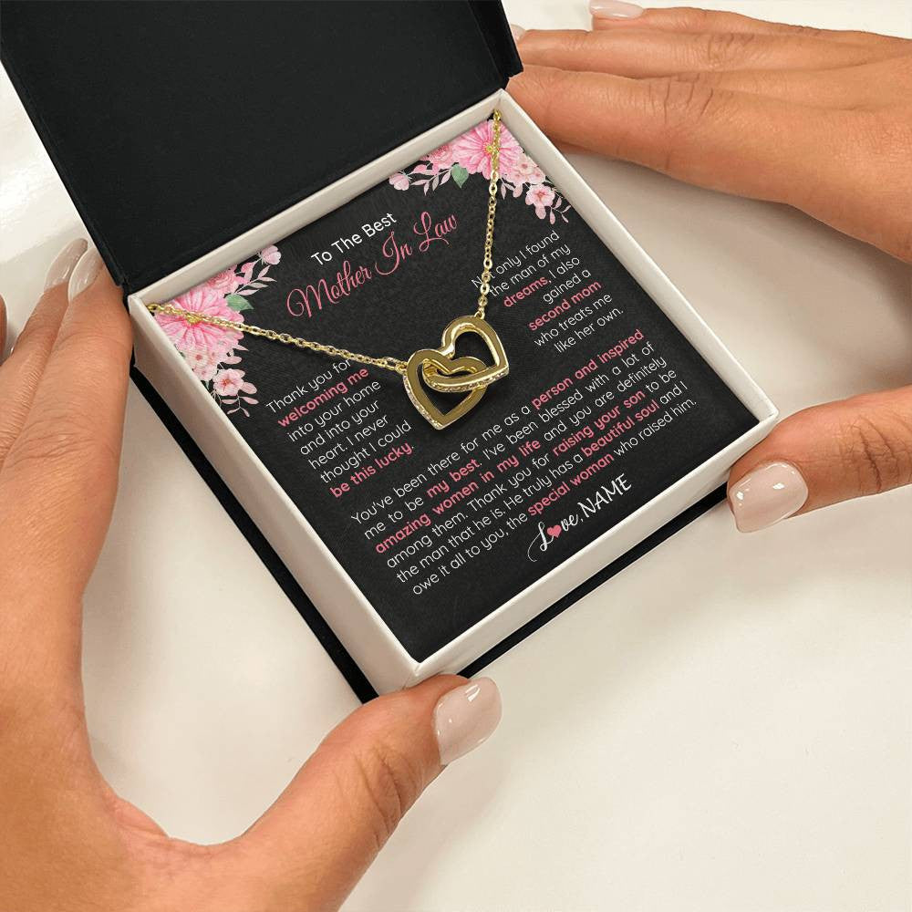 Interlocking Hearts Necklace 18K Yellow Gold Finish | 2 | Personalized To My Best Mother In Law Necklace From Daugter In Law Thank You Husband Mom Mother Birthday Wedding Day Christmas Customized Gift Box Message Card | teecentury