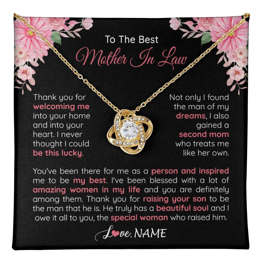 Love Knot Necklace 18K Yellow Gold Finish | 1 | Personalized To My Best Mother In Law Necklace From Daugter In Law Thank You Husband Mom Mother Birthday Wedding Day Christmas Customized Gift Box Message Card | teecentury
