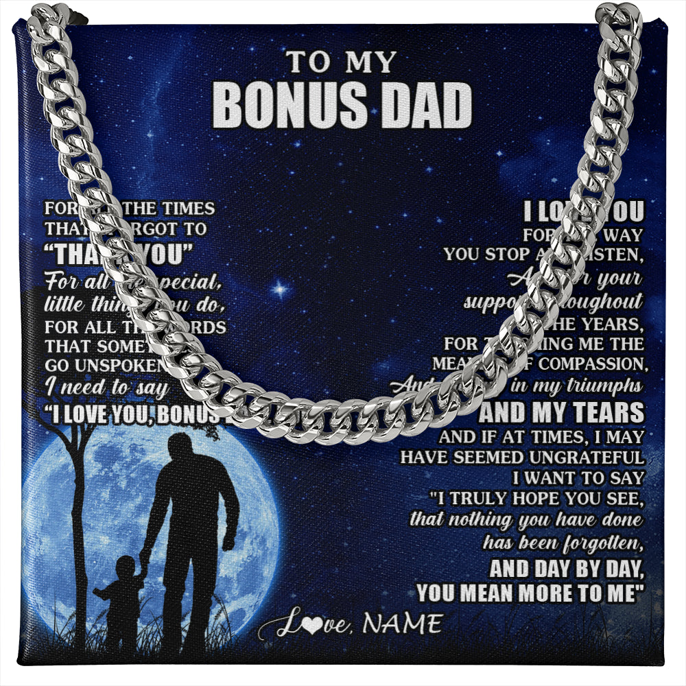 Cuban Link Chain Necklace Stainless Steel | 1 | Personalized To My Bonus Dad Necklace From Step Daughter Son Thank You Grateful Love Stepdad Birthday Fathers Day Christmas Customized Gift Box Message Card | teecentury