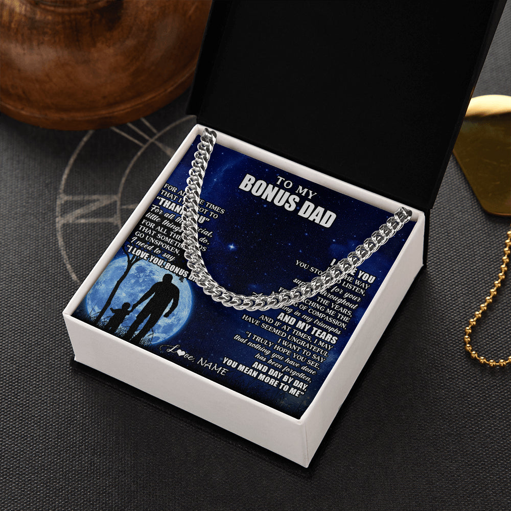 Cuban Link Chain Necklace Stainless Steel | 2 | Personalized To My Bonus Dad Necklace From Step Daughter Son Thank You Grateful Love Stepdad Birthday Fathers Day Christmas Customized Gift Box Message Card | teecentury