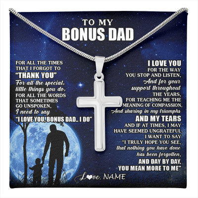 Stainless Cross Necklace Stainless Steel | 1 | Personalized To My Bonus Dad Necklace From Step Daughter Son Thank You Grateful Love Stepdad Birthday Fathers Day Christmas Customized Gift Box Message Card | teecentury
