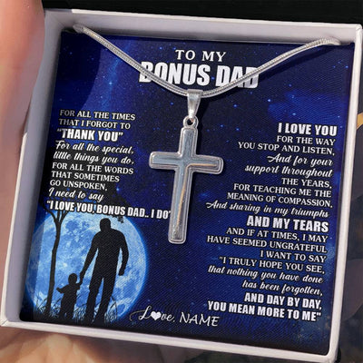 Stainless Cross Necklace Stainless Steel | 2 | Personalized To My Bonus Dad Necklace From Step Daughter Son Thank You Grateful Love Stepdad Birthday Fathers Day Christmas Customized Gift Box Message Card | teecentury