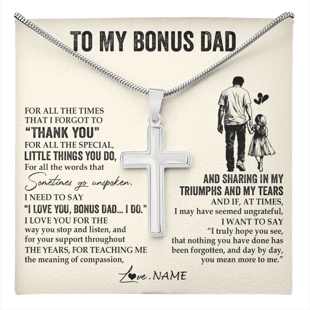 Stainless Cross Necklace Stainless Steel | 1 | Personalized To My Bonus Dad Necklace From Stepdaughter For All The Times That I Forgot To Thank You Fathers Day Christmas Customized Gift Box Message Card | teecentury
