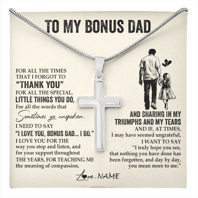 Stainless Cross Necklace Stainless Steel | 1 | Personalized To My Bonus Dad Necklace From Stepdaughter For All The Times That I Forgot To Thank You Fathers Day Christmas Customized Gift Box Message Card | teecentury