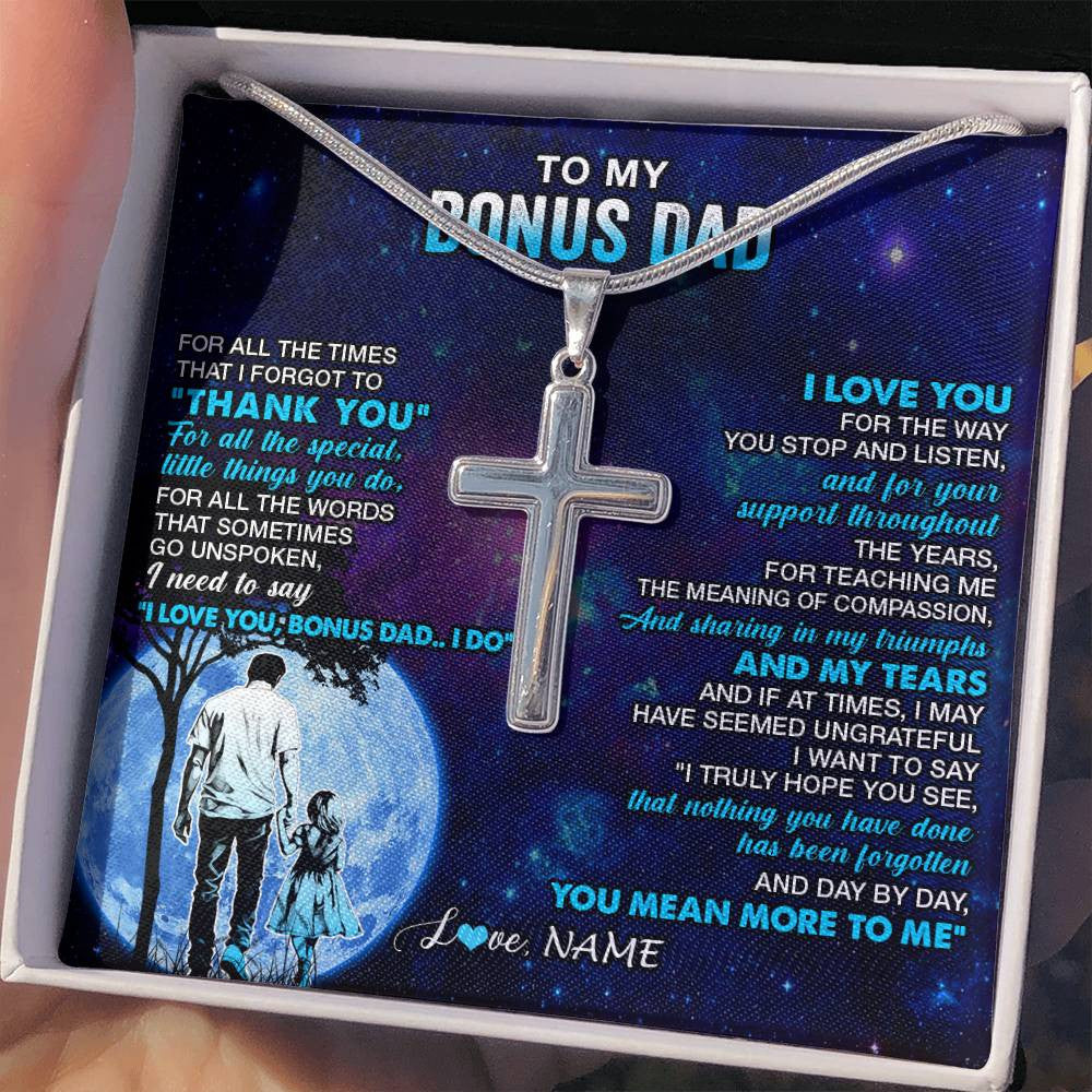 Stainless Cross Necklace Stainless Steel | 2 | Personalized To My Bonus Dad Necklace From Stepdaughter Thank You Day By Day Stepdad Birthday Gifts Fathers Day Christmas Customized Gift Box Message Card | teecentury