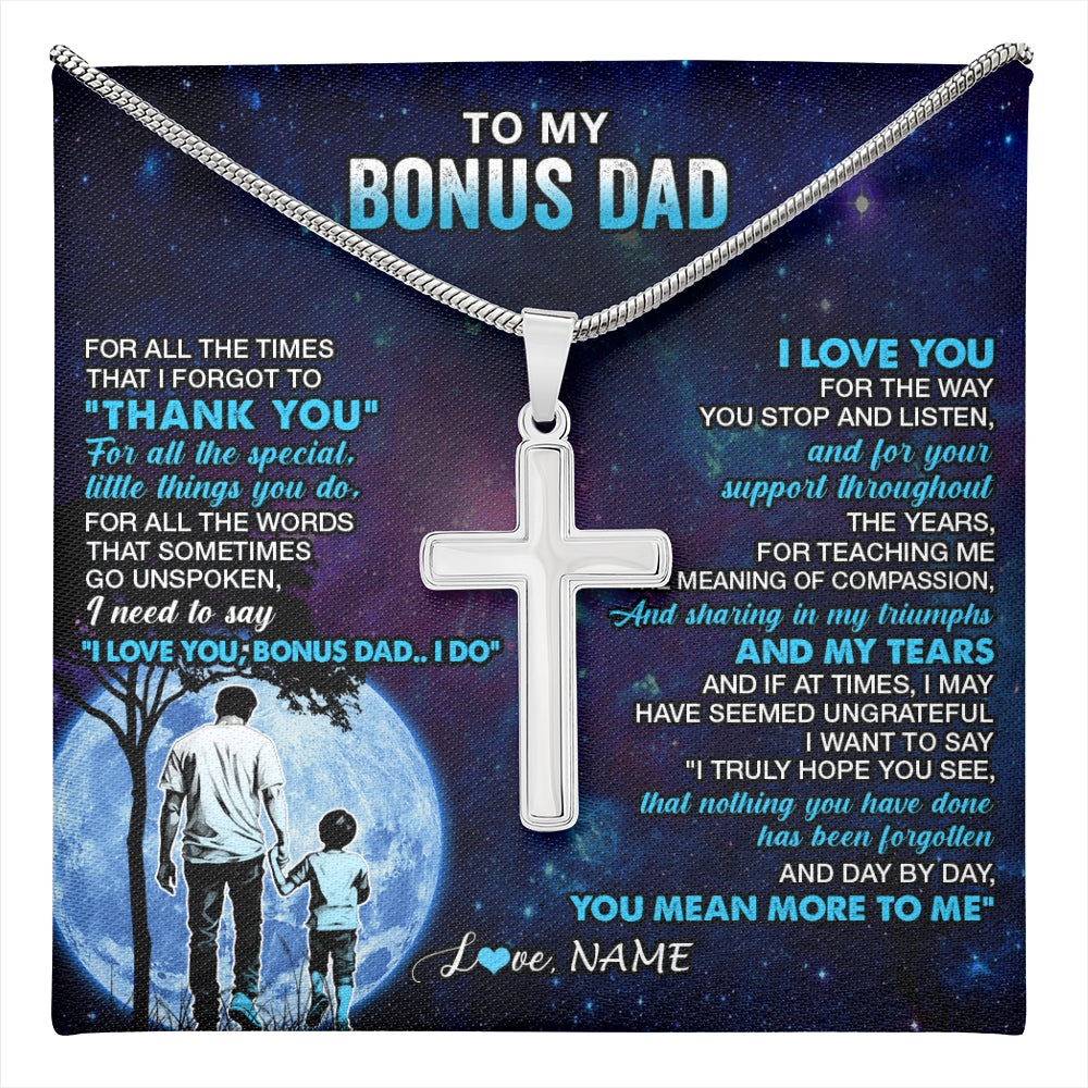 Stainless Cross Necklace Stainless Steel | 1 | Personalized To My Bonus Dad Necklace From Stepson Thank You Day By Day Stepdad Birthday Gifts Fathers Day Christmas Customized Gift Box Message Card | teecentury