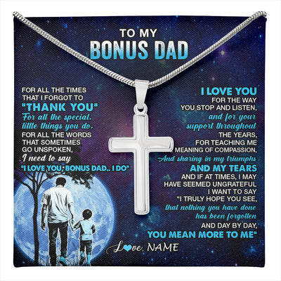 Stainless Cross Necklace Stainless Steel | 1 | Personalized To My Bonus Dad Necklace From Stepson Thank You Day By Day Stepdad Birthday Gifts Fathers Day Christmas Customized Gift Box Message Card | teecentury