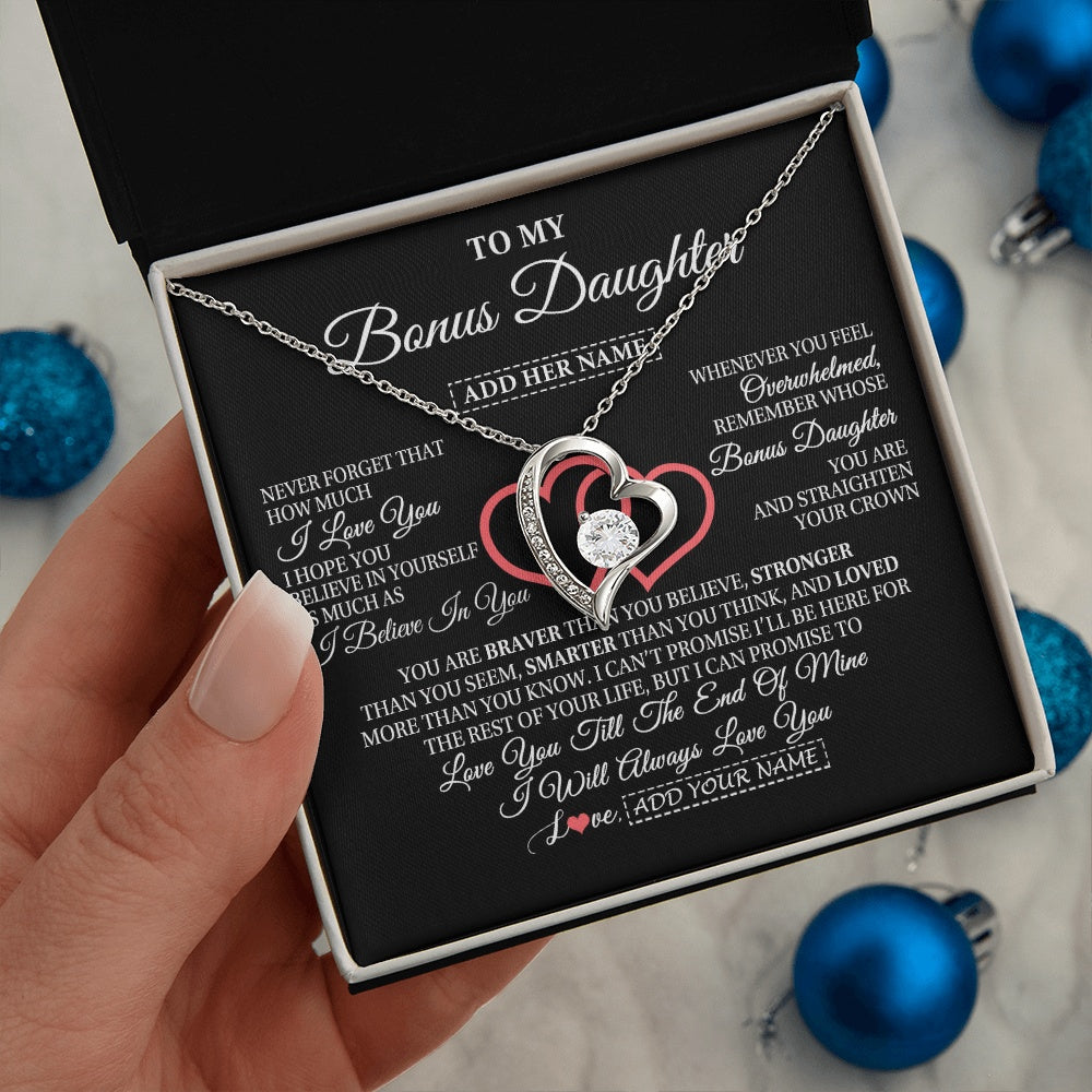 Forever Love Necklace 14K White Gold Finish | 2 | Personalized To My Bonus Daughter Birthday Gifts From Stepmother Stepdad Always Love You Stepdaughter Gifts Necklace Christmas Custom Gift Box Message Card | teecentury.myshopify