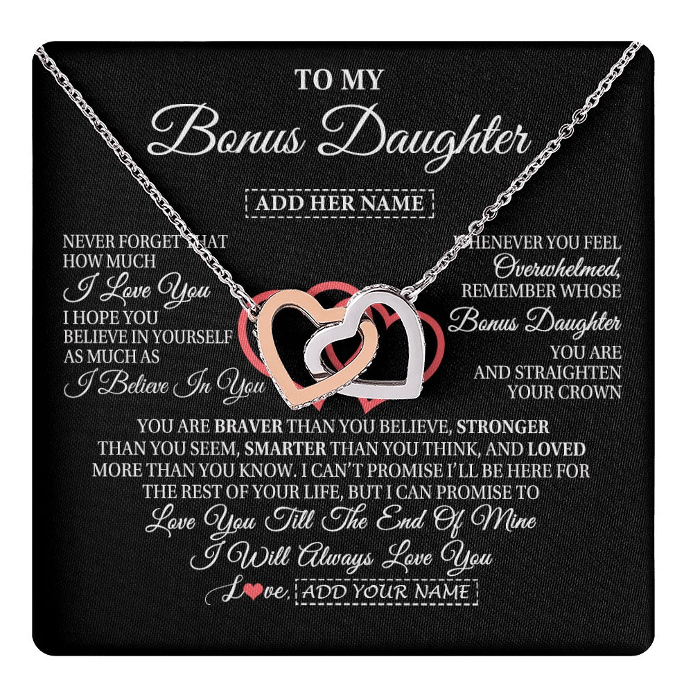 Interlocking Hearts Necklace Stainless Steel & Rose Gold Finish | 1 | Personalized To My Bonus Daughter Birthday Gifts From Stepmother Stepdad Always Love You Stepdaughter Gifts Necklace Christmas Custom Gift Box Message Card | teecentury.myshopify