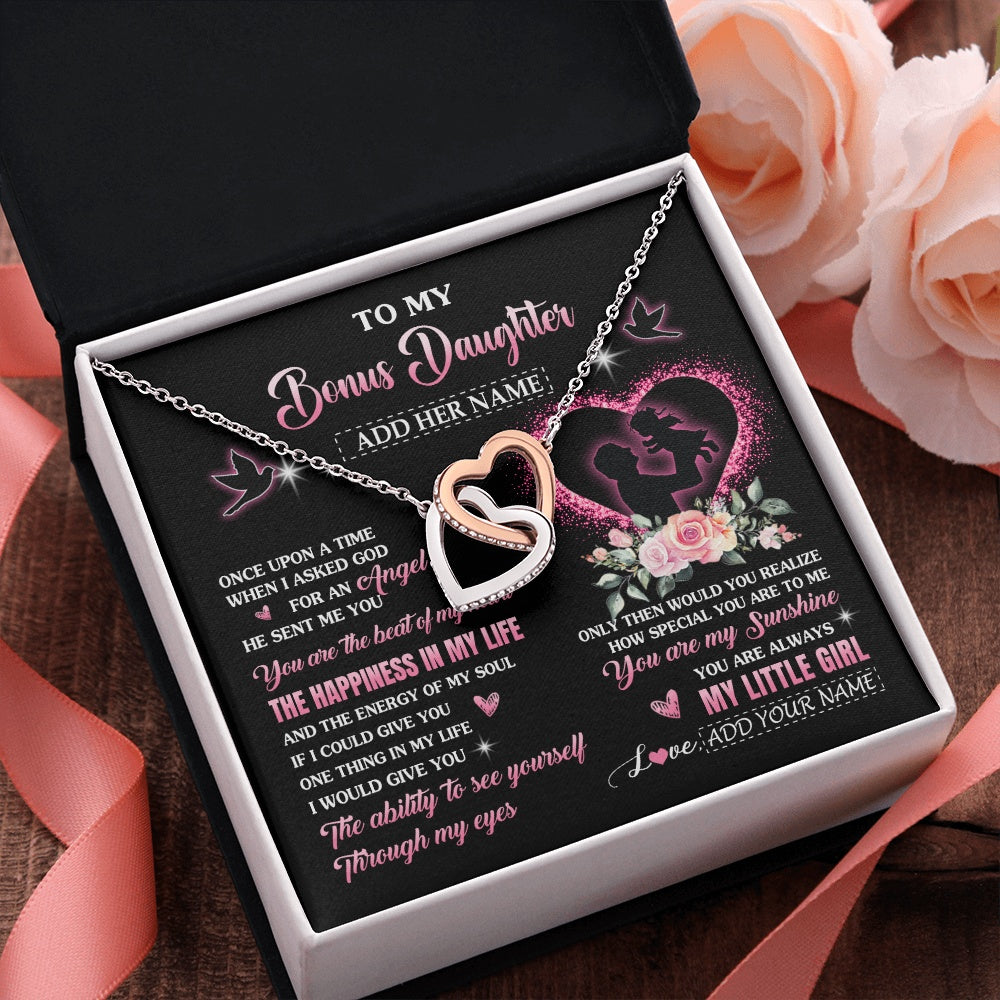Interlocking Hearts Necklace Stainless Steel & Rose Gold Finish | 2 | Personalized To My Bonus Daughter From Stepdad Necklace Once Upon A Time Birthday Graduation Gifts For Stepdaughter Christmas Custom Gift Box Message Card | teecentury.myshopify
