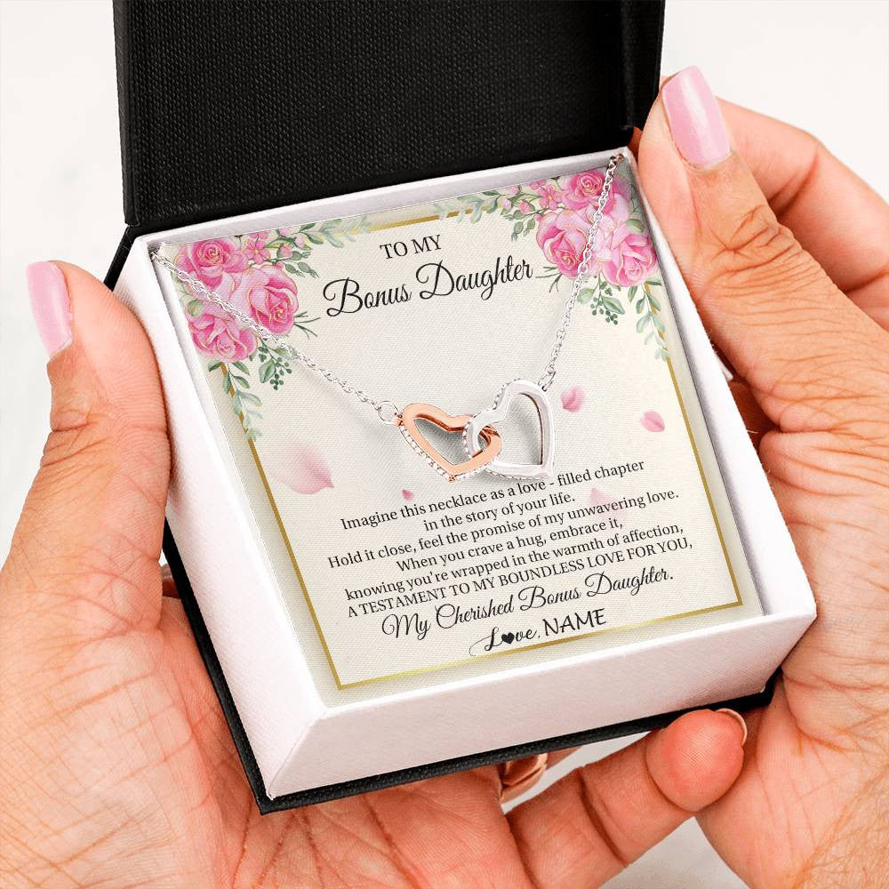 Interlocking Hearts Necklace Stainless Steel & Rose Gold Finish | 2 | Personalized To My Bonus Daughter From Stepmom Imagine This Necklace As A Love Stepddaughter Birthday Jewelry Christmas Customized Gift Box Message Card | teecentury