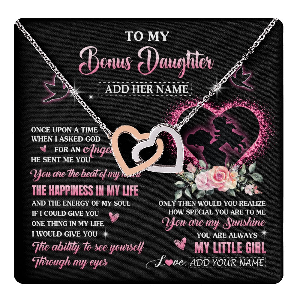 Interlocking Hearts Necklace Stainless Steel & Rose Gold Finish | 1 | Personalized To My Bonus Daughter From Stepmom Necklace Once Upon A Time Birthday Graduation Gifts For Stepdaughter Christmas Custom Gift Box Message Card | teecentury.myshopify