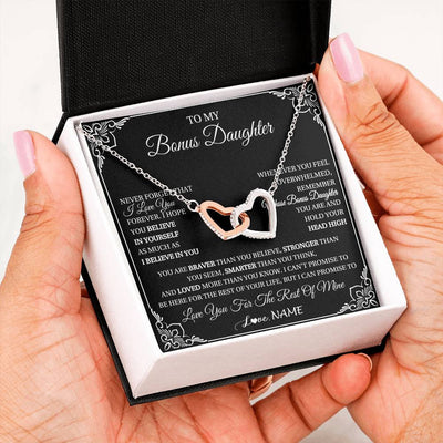 Interlocking Hearts Necklace Stainless Steel & Rose Gold Finish | 2 | Personalized To My Bonus Daughter Gift From Stepmom Dad Necklace I Love You Believe In You Birthday Gifts Christmas Customized Gift Box Message Card | teecentury