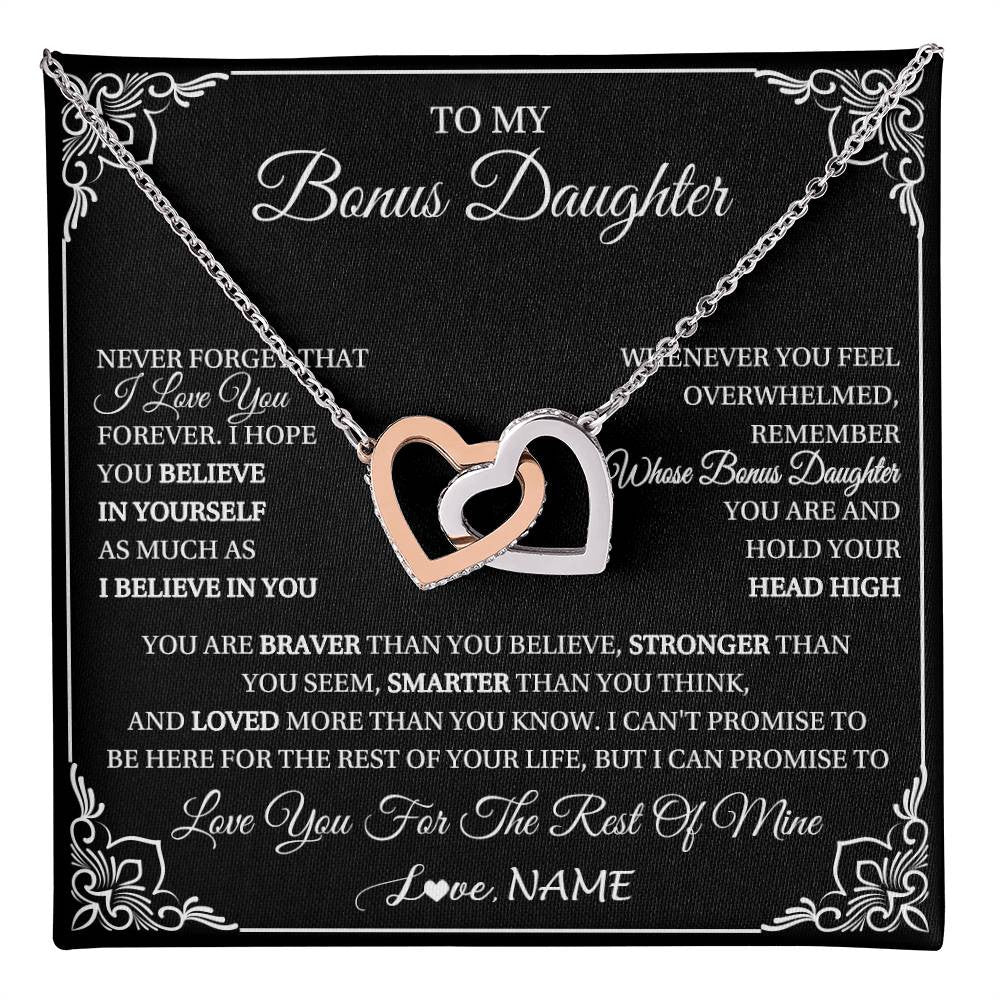 Interlocking Hearts Necklace Stainless Steel & Rose Gold Finish | 1 | Personalized To My Bonus Daughter Gift From Stepmom Dad Necklace I Love You Believe In You Birthday Gifts Christmas Customized Gift Box Message Card | teecentury