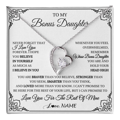 Forever Love Necklace 14K White Gold Finish | 1 | Personalized To My Bonus Daughter Gift Necklace From Stepmom Dad I Love You Believe In You Birthday Gifts Christmas Customized Gift Box Message Card | teecentury