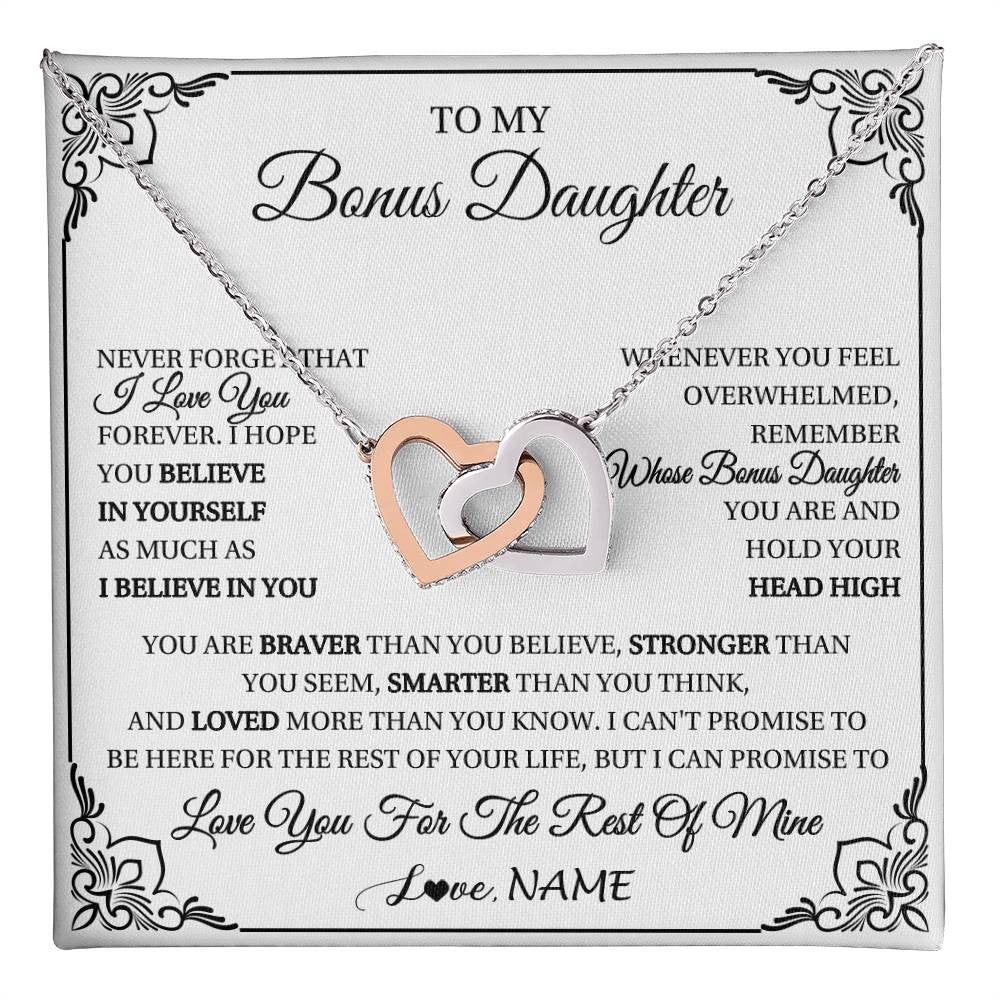 Interlocking Hearts Necklace Stainless Steel & Rose Gold Finish | 1 | Personalized To My Bonus Daughter Gift Necklace From Stepmom Dad I Love You Believe In You Birthday Gifts Christmas Customized Gift Box Message Card | teecentury