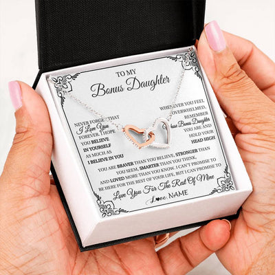 Interlocking Hearts Necklace Stainless Steel & Rose Gold Finish | 2 | Personalized To My Bonus Daughter Gift Necklace From Stepmom Dad I Love You Believe In You Birthday Gifts Christmas Customized Gift Box Message Card | teecentury
