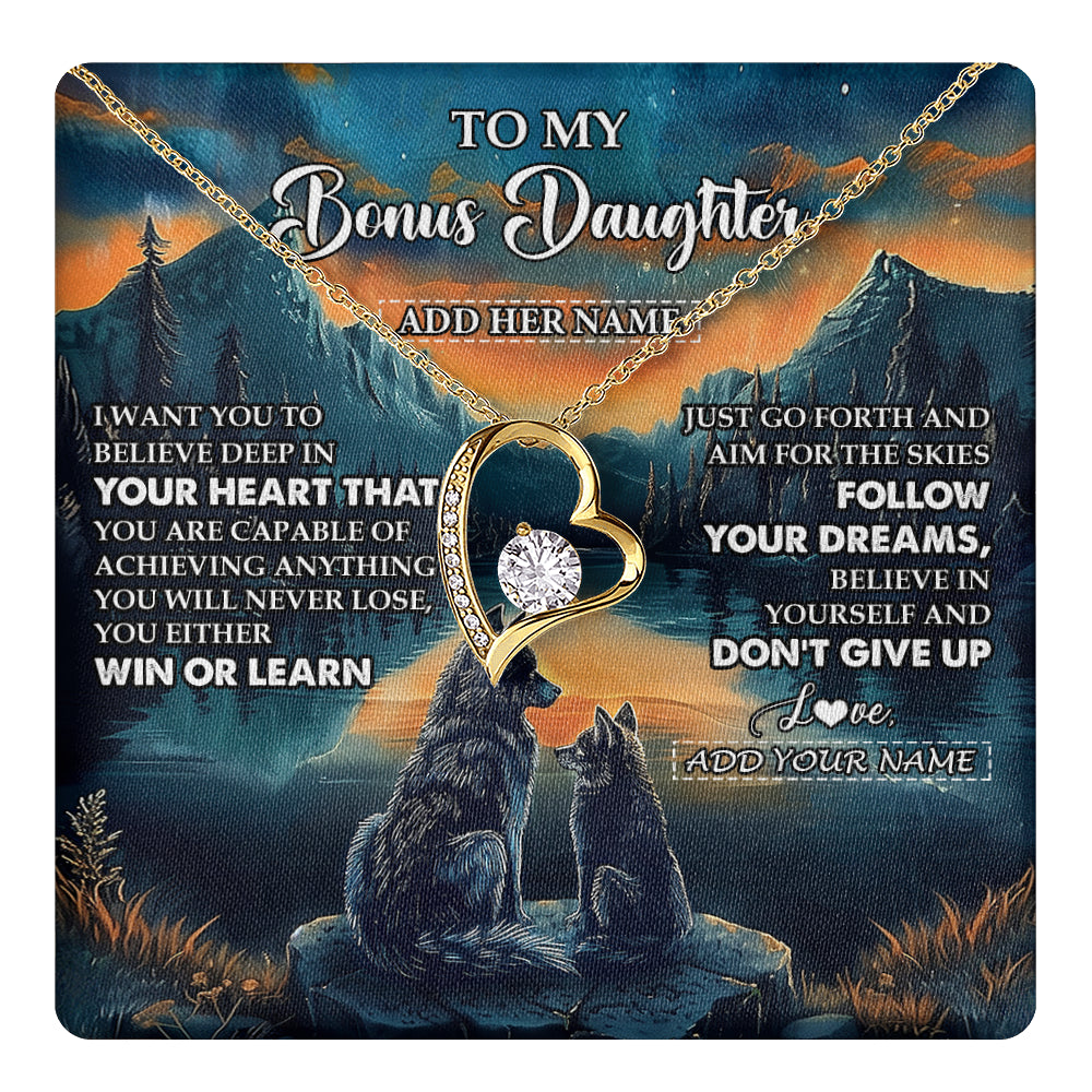 Forever Love Necklace 18K Yellow Gold Finish | 1 | Personalized To My Bonus Daughter Gifts From Step Mom Necklace Don't Give Up Wolf Gifts For Stepdaughter Birthday Graduation Christmas Gift Box Message Card | teecentury