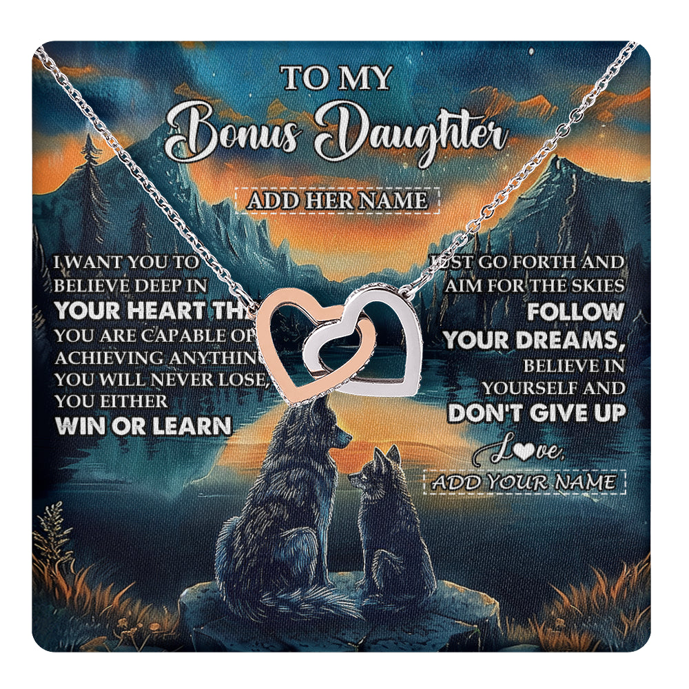 Interlocking Hearts Necklace Stainless Steel & Rose Gold Finish | 1 | Personalized To My Bonus Daughter Gifts From Step Mom Necklace Don't Give Up Wolf Gifts For Stepdaughter Birthday Graduation Christmas Gift Box Message Card | teecentury