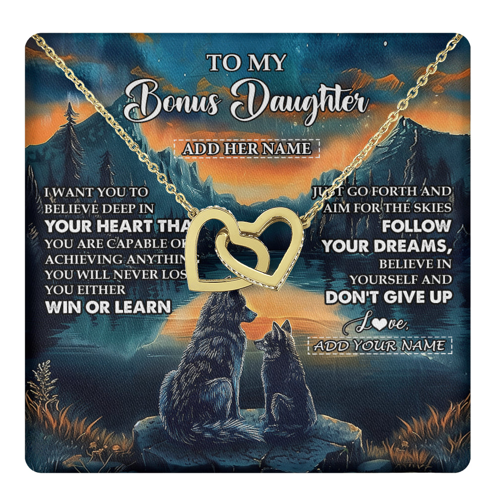 Interlocking Hearts Necklace 18K Yellow Gold Finish | 1 | Personalized To My Bonus Daughter Gifts From Step Mom Necklace Don't Give Up Wolf Gifts For Stepdaughter Birthday Graduation Christmas Gift Box Message Card | teecentury