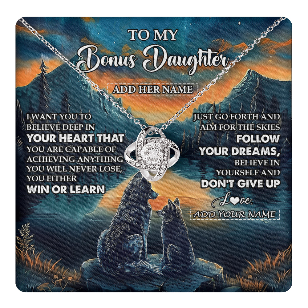 Love Knot Necklace 14K White Gold Finish | 1 | Personalized To My Bonus Daughter Gifts From Step Mom Necklace Don't Give Up Wolf Gifts For Stepdaughter Birthday Graduation Christmas Gift Box Message Card | teecentury