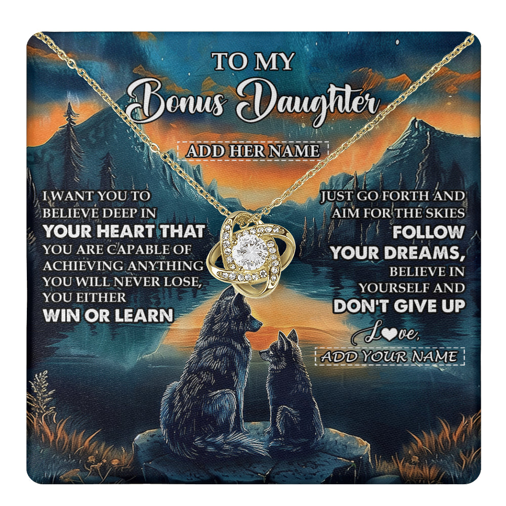 Love Knot Necklace 18K Yellow Gold Finish | 1 | Personalized To My Bonus Daughter Gifts From Step Mom Necklace Don't Give Up Wolf Gifts For Stepdaughter Birthday Graduation Christmas Gift Box Message Card | teecentury