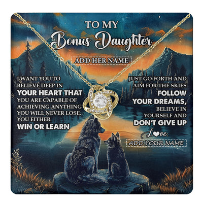 Love Knot Necklace 18K Yellow Gold Finish | 1 | Personalized To My Bonus Daughter Gifts From Step Mom Necklace Don't Give Up Wolf Gifts For Stepdaughter Birthday Graduation Christmas Gift Box Message Card | teecentury