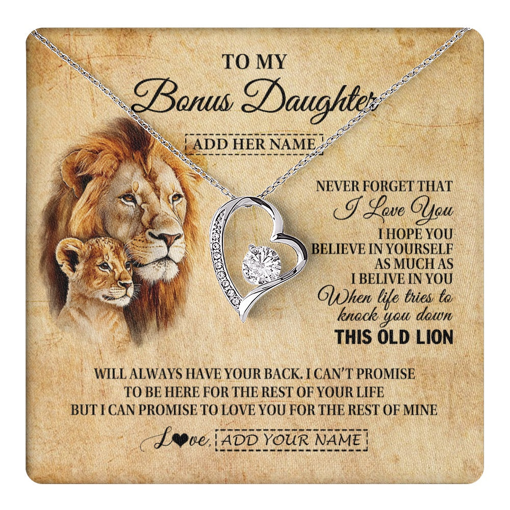 Forever Love Necklace 14K White Gold Finish | 1 | Personalized To My Bonus Daughter Gifts From Stepdad Lion Necklace I Love You Stepdaughter Birthday Gifts Graduation Christmas Custom Gift Box Message Card | teecentury.myshopify