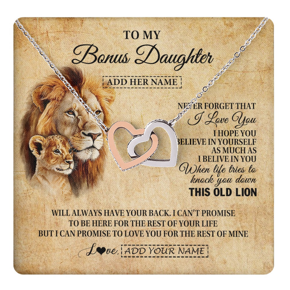 Interlocking Hearts Necklace Stainless Steel & Rose Gold Finish | 1 | Personalized To My Bonus Daughter Gifts From Stepdad Lion Necklace I Love You Stepdaughter Birthday Gifts Graduation Christmas Custom Gift Box Message Card | teecentury.myshopify