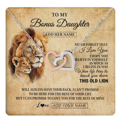 Interlocking Hearts Necklace Stainless Steel & Rose Gold Finish | 1 | Personalized To My Bonus Daughter Gifts From Stepdad Lion Necklace I Love You Stepdaughter Birthday Gifts Graduation Christmas Custom Gift Box Message Card | teecentury.myshopify