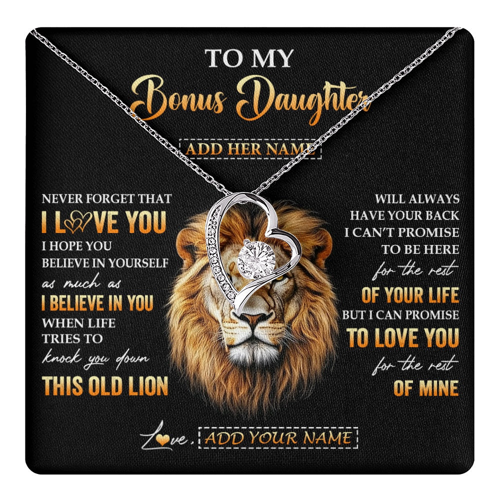 Forever Love Necklace 14K White Gold Finish | 1 | Personalized To My Bonus Daughter Gifts From Stepdad Necklace Old Lion Love You Stepdaughter Birthday Gifts Graduation Christmas Custom Gift Box Message Card | teecentury.myshopify