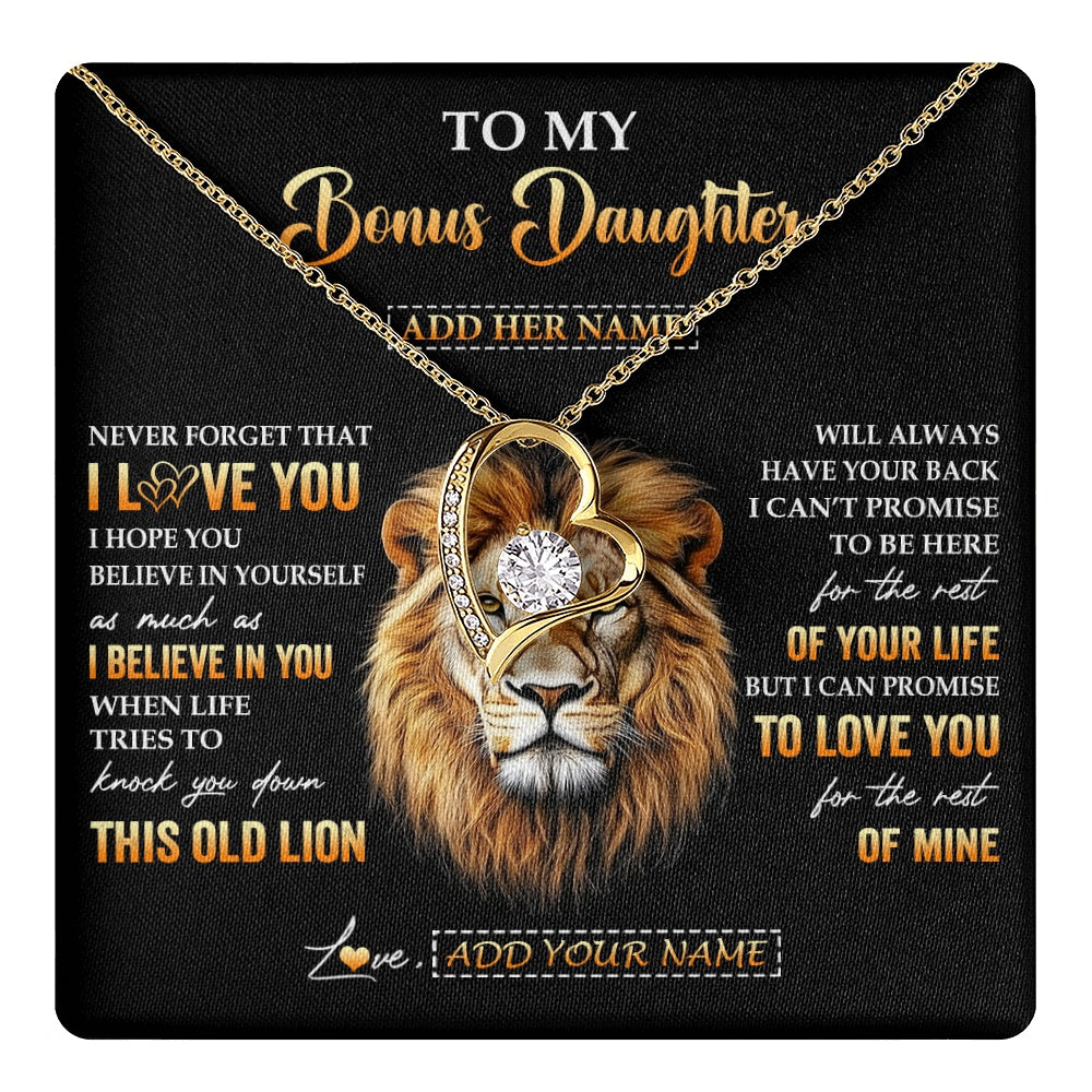 Forever Love Necklace 18K Yellow Gold Finish | 1 | Personalized To My Bonus Daughter Gifts From Stepdad Necklace Old Lion Love You Stepdaughter Birthday Gifts Graduation Christmas Custom Gift Box Message Card | teecentury.myshopify