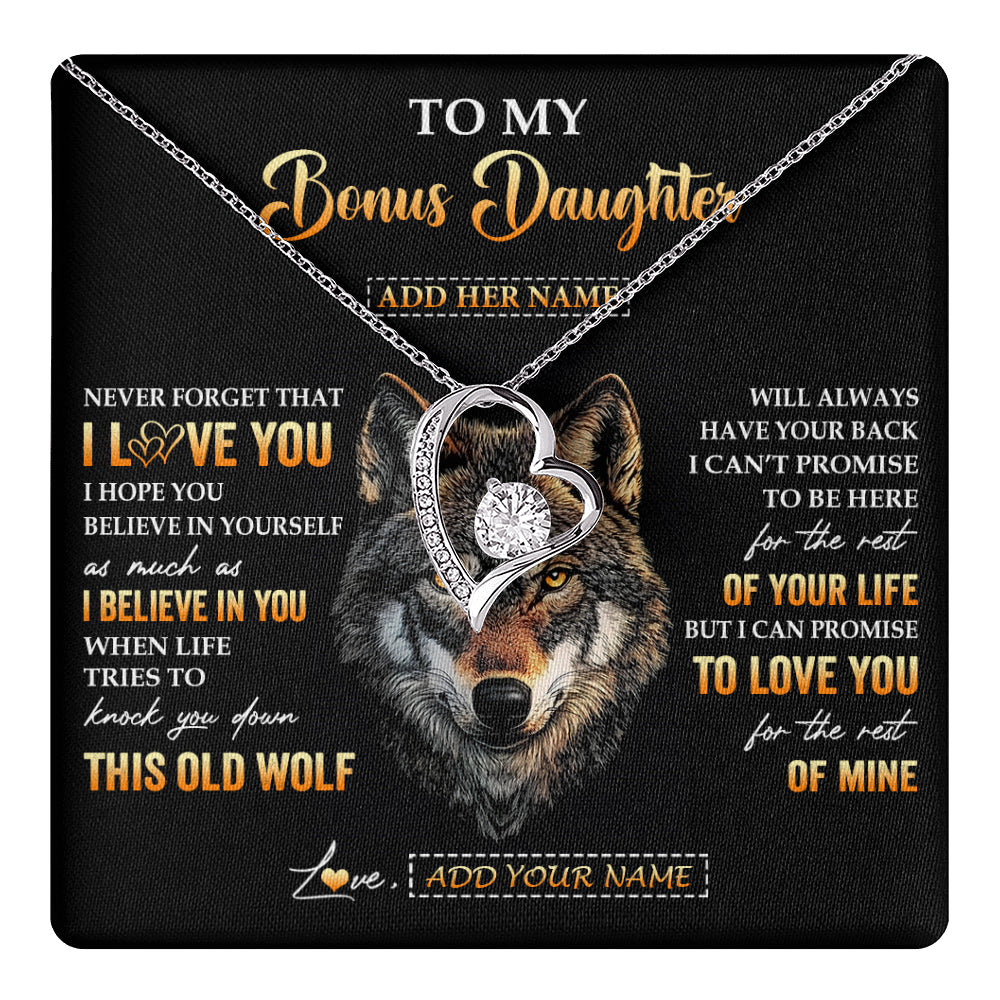 Forever Love Necklace 14K White Gold Finish | 1 | Personalized To My Bonus Daughter Gifts From Stepdad Stepmom Necklace Old Wolf Love You Stepdaughter Birthday Gifts Graduation Christmas Gift Box Message Card | teecentury