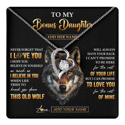 Forever Love Necklace 14K White Gold Finish | 1 | Personalized To My Bonus Daughter Gifts From Stepdad Stepmom Necklace Old Wolf Love You Stepdaughter Birthday Gifts Graduation Christmas Gift Box Message Card | teecentury